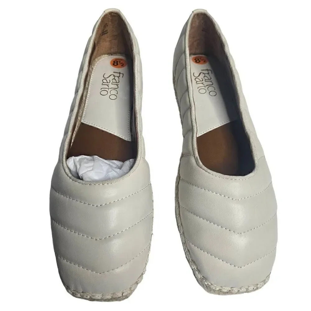 Franco Sarto Kiya Leather Quilted Square Toe Espadrilles Loafer Cream Sz 8.5